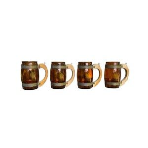 Amber Brown Barrel Glass Beer Mug Siesta Ware  Wood Handle Western Vtg Set of 4